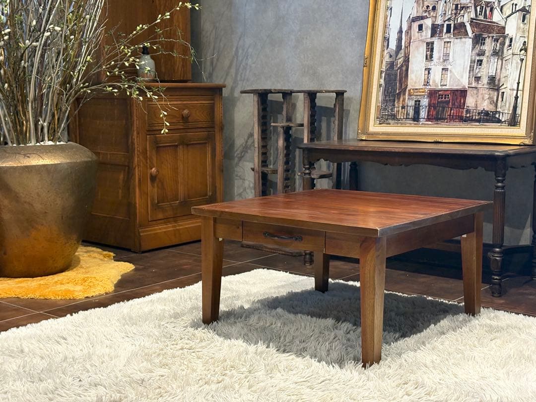 ビンテージ　天然木　センターテーブル　ローテーブル　引き出し付き　ブラウン　IZ