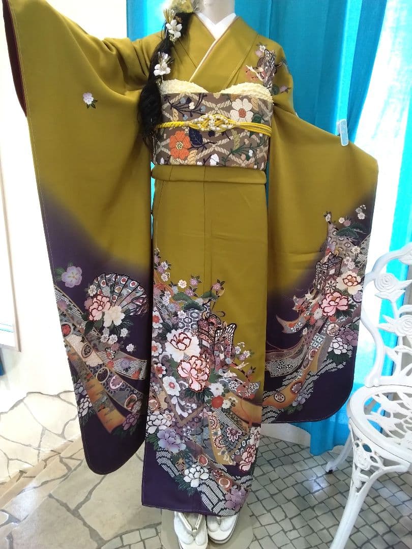 振袖フルセット、正絹成人式、新品未使用、重ね衿帯揚げ帯締め、帯、襦袢、ガード加工