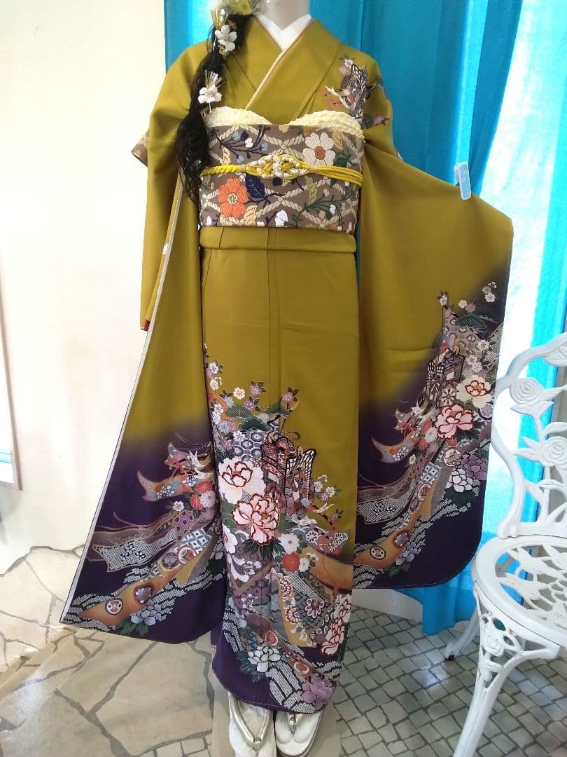 振袖フルセット、正絹成人式、新品未使用、重ね衿帯揚げ帯締め、帯、襦袢、ガード加工