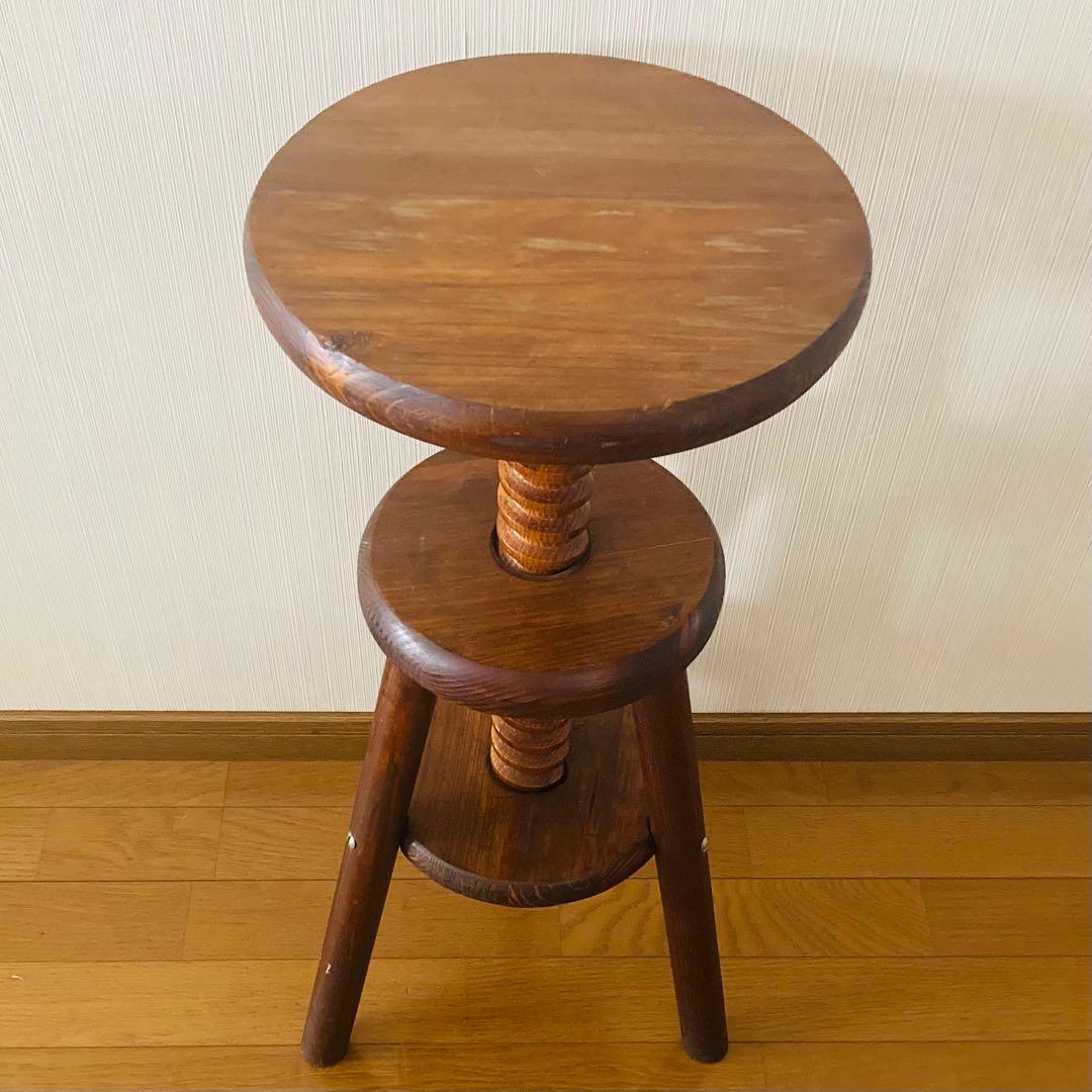 レア！一点物！アンティーク調 木製回転式スツール ウッドスツール 無垢材 三本脚