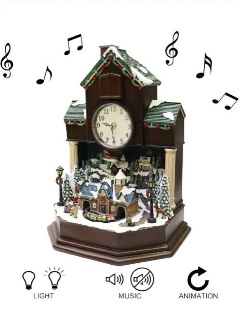 クリスマス装飾カッコウ時計、クリスマスビレッジシーン、LEDライト、音楽、