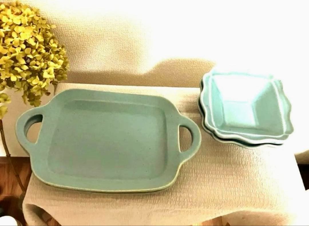 よしざわ窯　手付きブルーグレー　西洋正方鉢