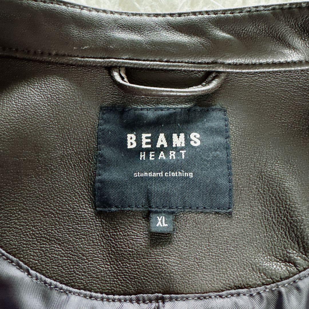 【BEAMS HEART】シングルライダースジャケット 羊革 ブラウン XL