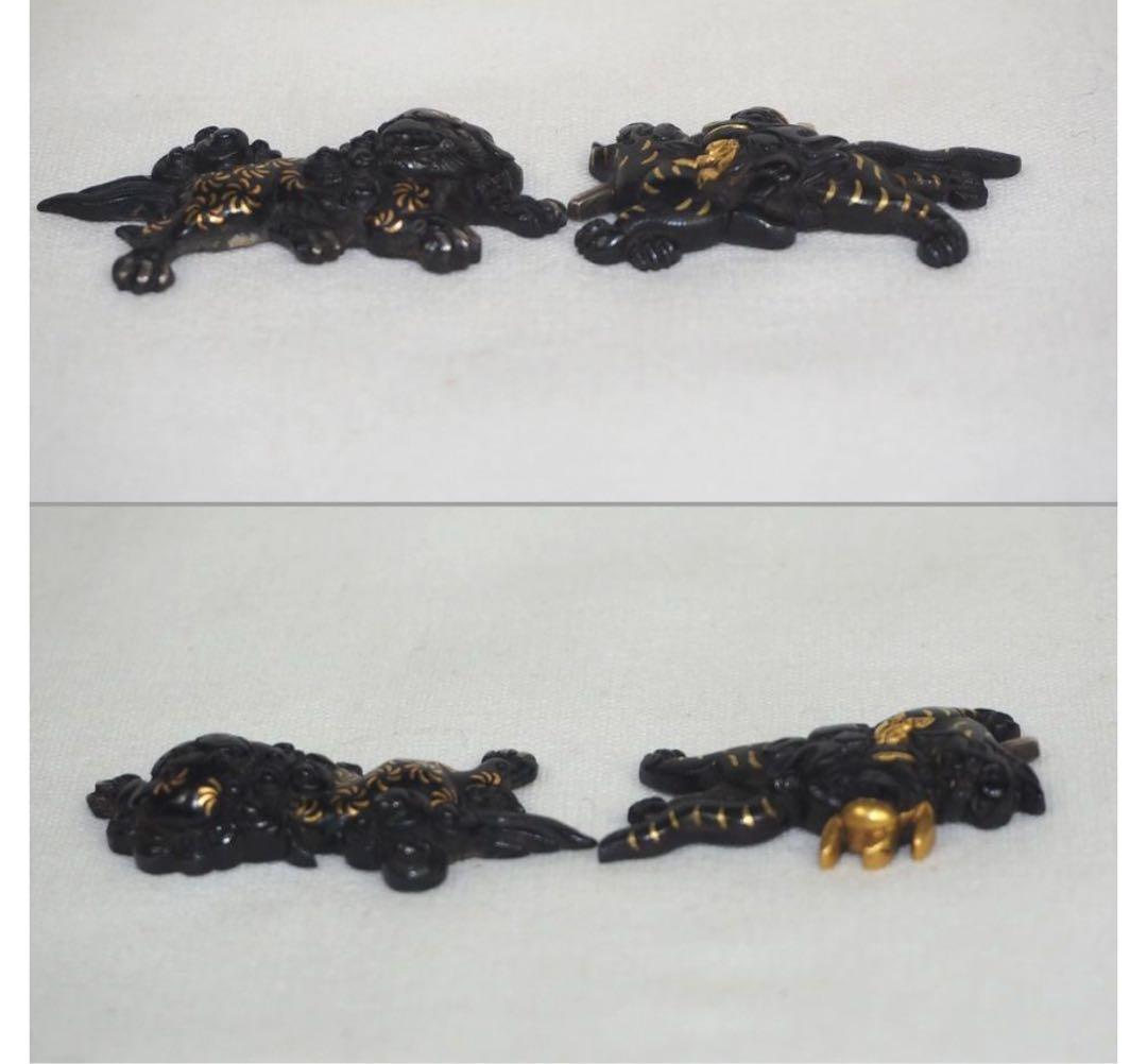 もひさ送料無料コレクター放出品江戸時代金銀象嵌獅子武士図目貫2点刀装具木箱