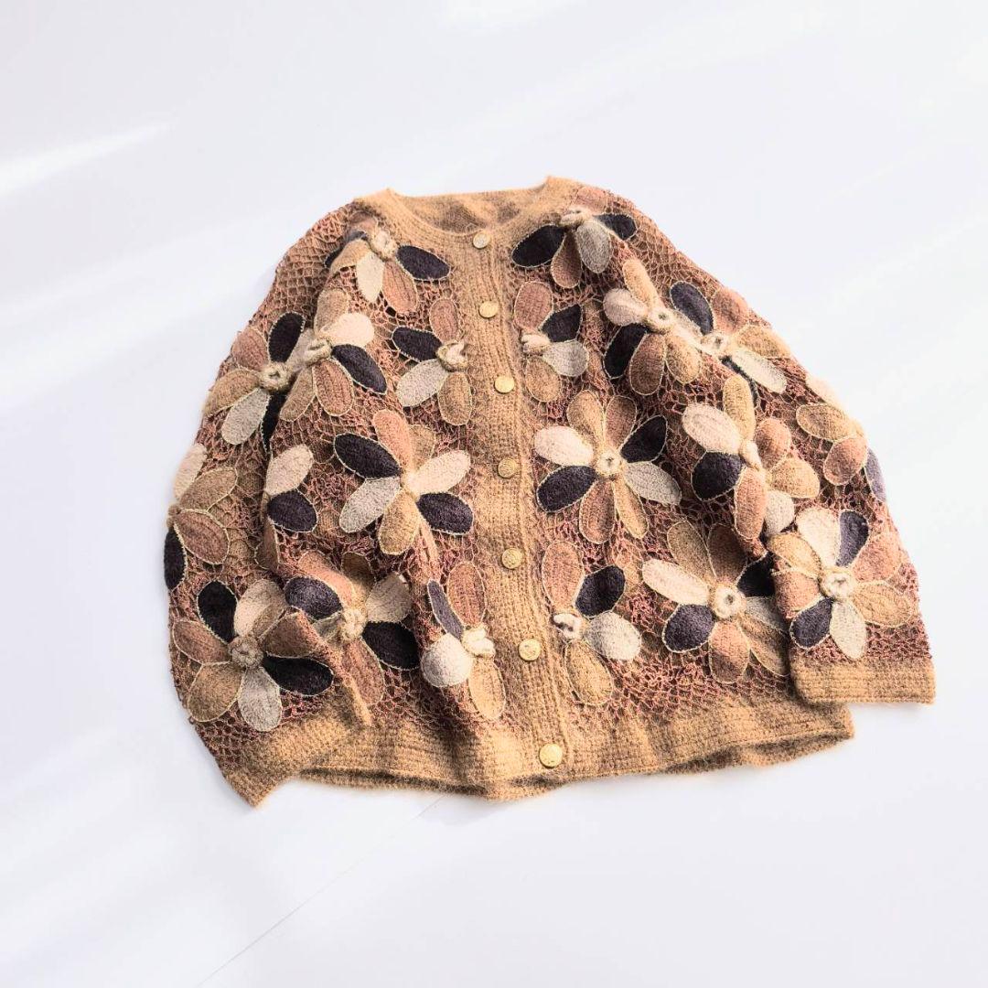 ヴィンテージ　大輪の花　花柄　モヘア混　ニット　カーディガン　ブラウン　P