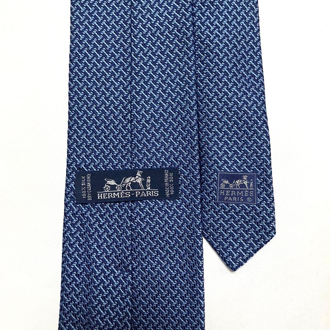 良品 HERMES エルメス ネクタイ H柄 総柄 ブルー系 シルク100%