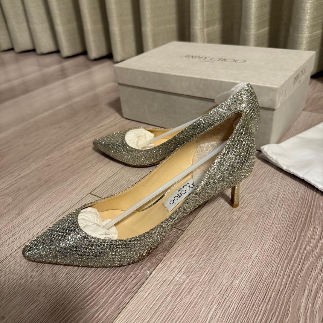JIMMY CHOO グリッター ハイヒール　38 ハーフ　ラメ　ゴールド