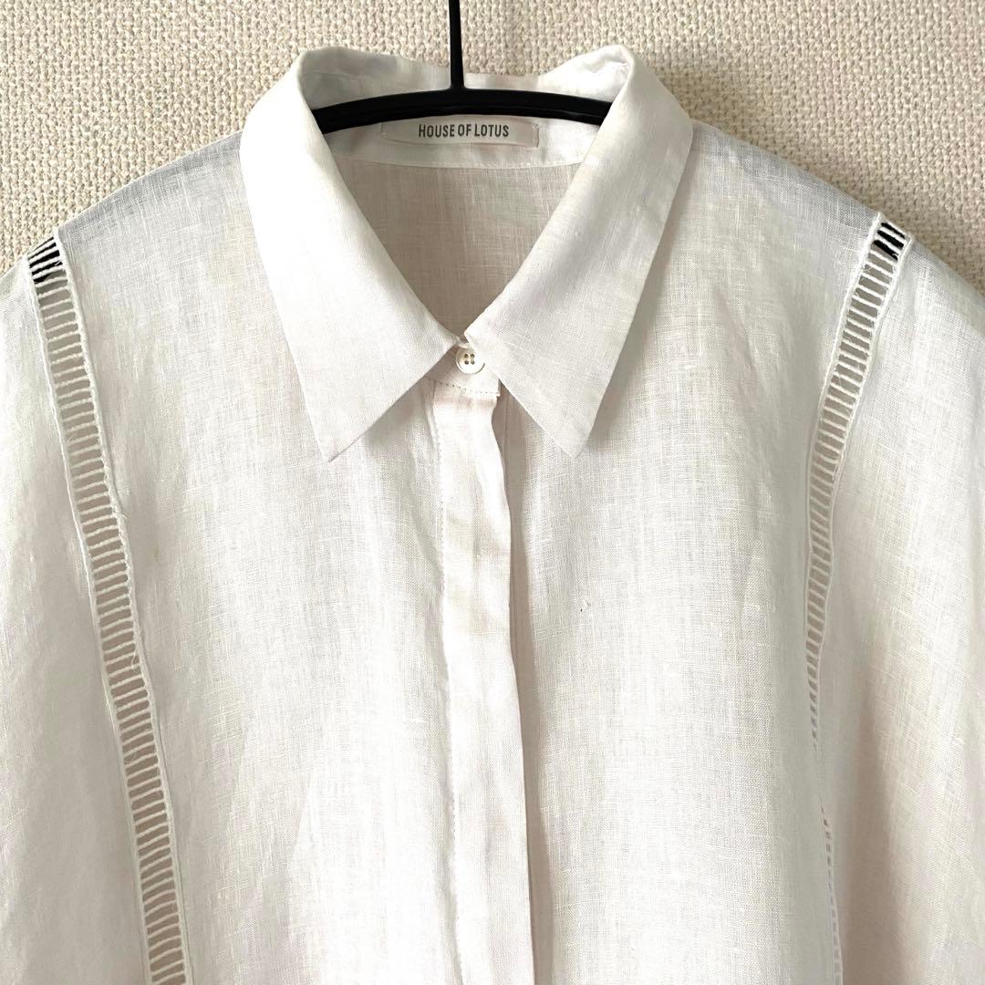 ハウスオブロータス　リネンハシゴ刺繍スクエアシャツ ブラウス　桐島かれん　白