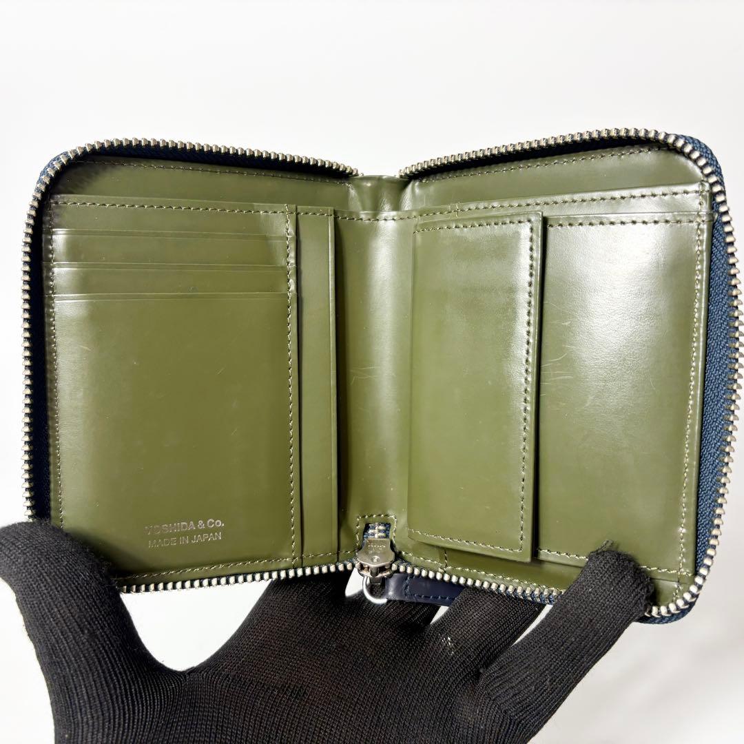 ポーター　スターフラッグ　ネイビー×カーキ　ガラスレザー　コンパクトウォレット.