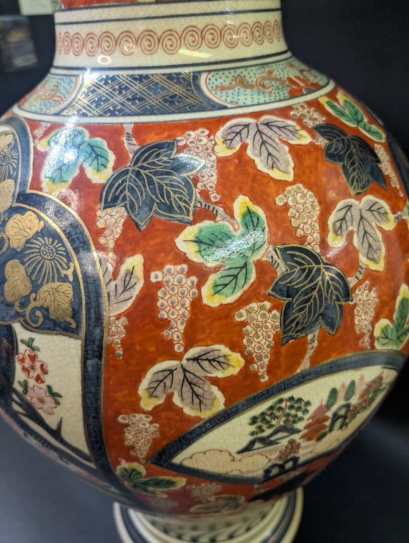 yos有田焼 時代 伊萬里 染錦花鳥図 飾壷 大花瓶 78cm 在銘 金彩