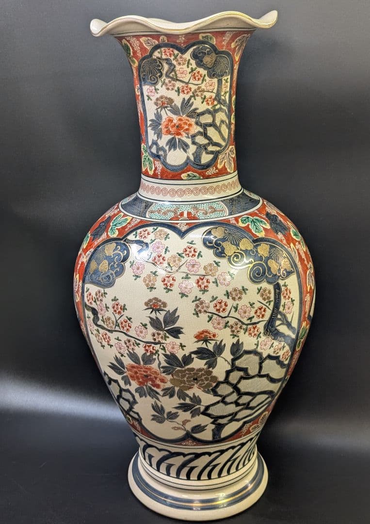 yos有田焼 時代 伊萬里 染錦花鳥図 飾壷 大花瓶 78cm 在銘 金彩