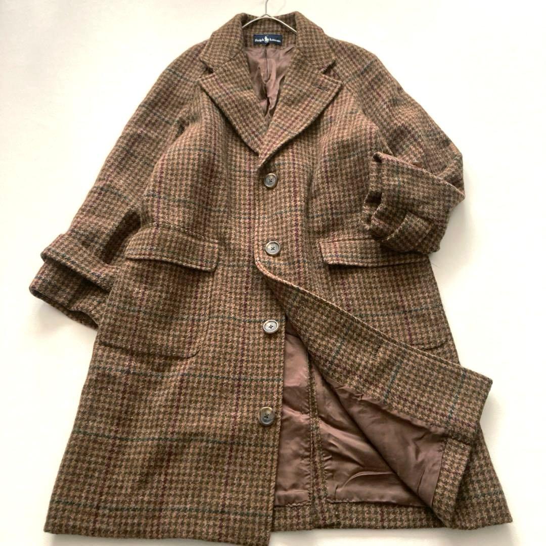 【希少ビンテージ】ラルフローレン　千鳥格子柄 ウール チェスターコート ブラウン
