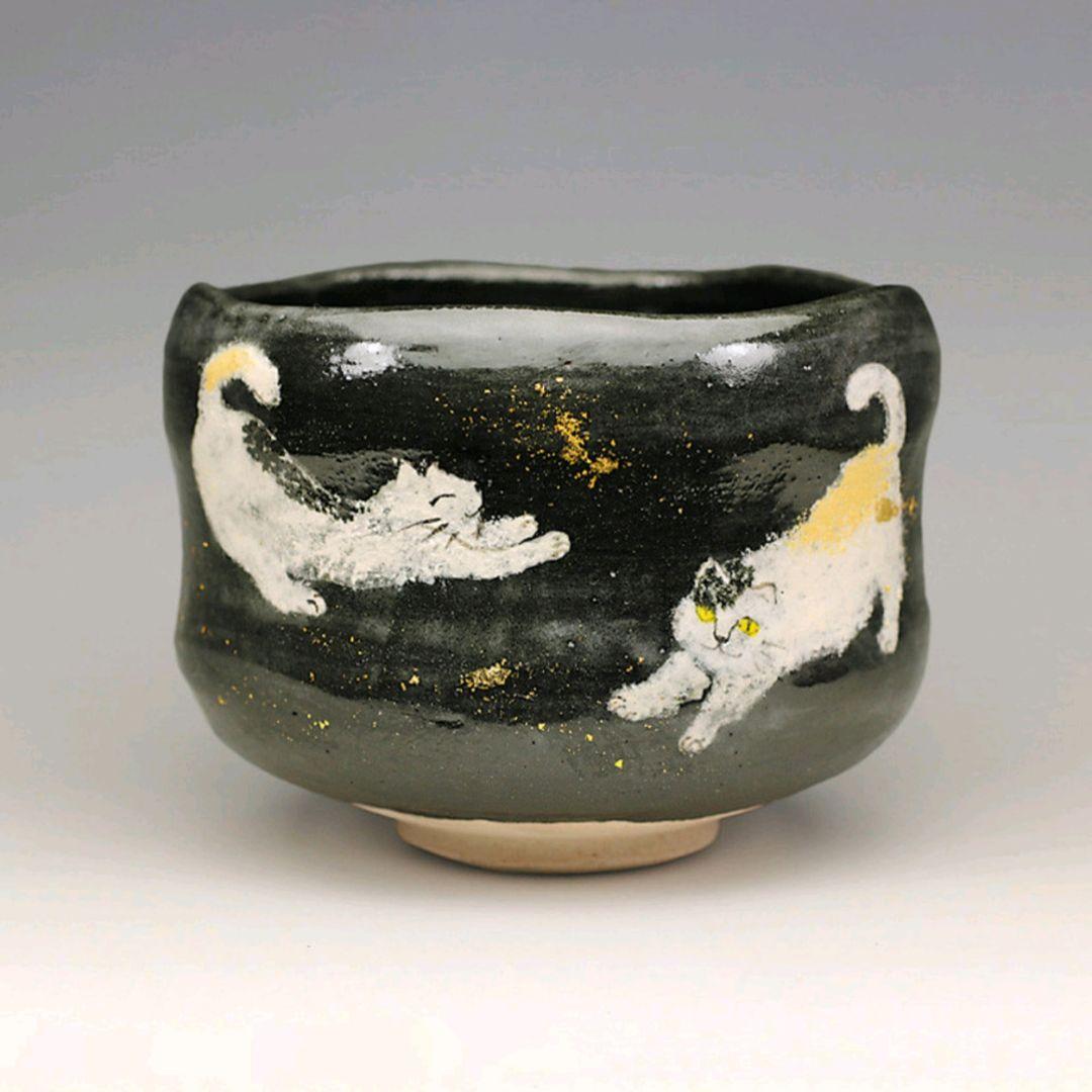 猫の 日2024 楽焼 [黒釉 猫の絵] 抹茶碗 茶道 具 手描き 楽入印