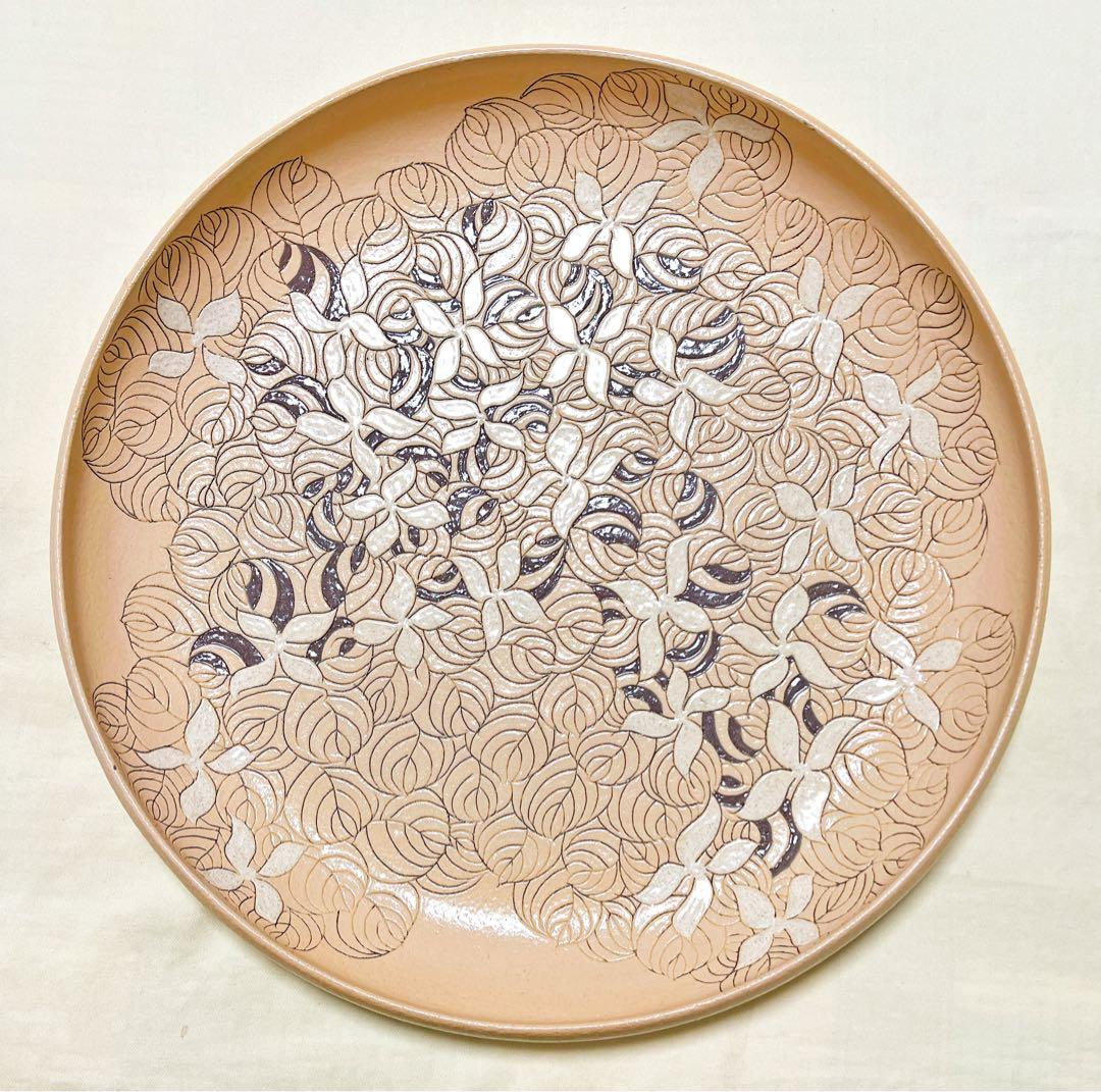 和平窯　故陶芸家　鎗田和平作　黄泥山法師紋皿　直径41cm超大皿　飾皿　希少品