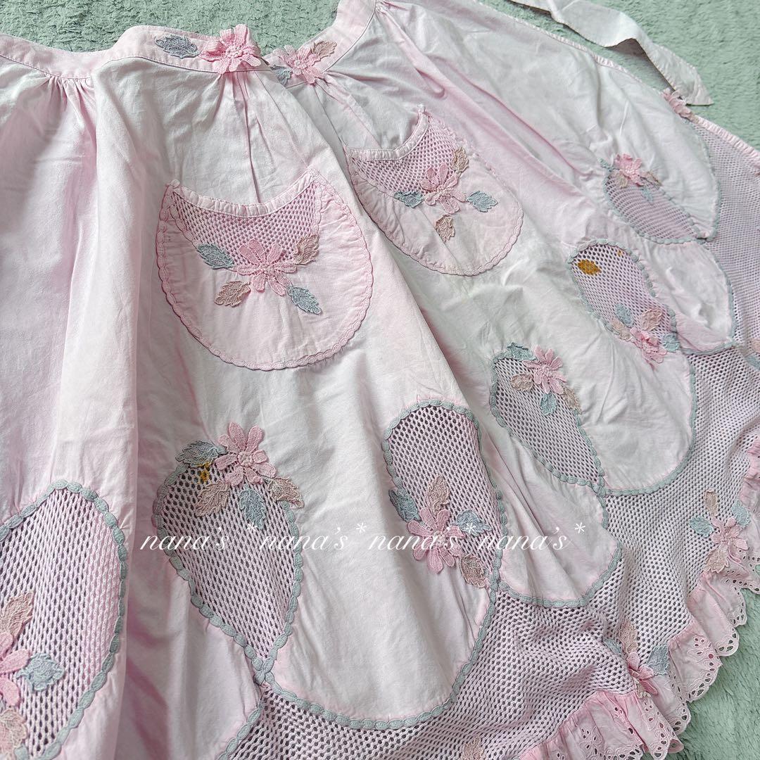 花×レース が美しい エプロン 前掛け ピンク 大人可愛い 華やか お花モチーフ