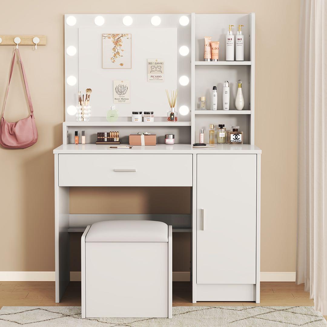 (期間セール)ドレッサーおしゃれコンパクト3色LEDライト付スツール付