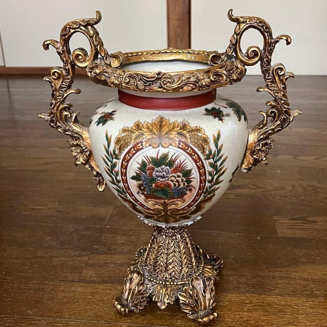 【美品】ヴィクトリアンスタイル 花瓶 陶器製　レトロ品　花柄　花器重さ2.7kg