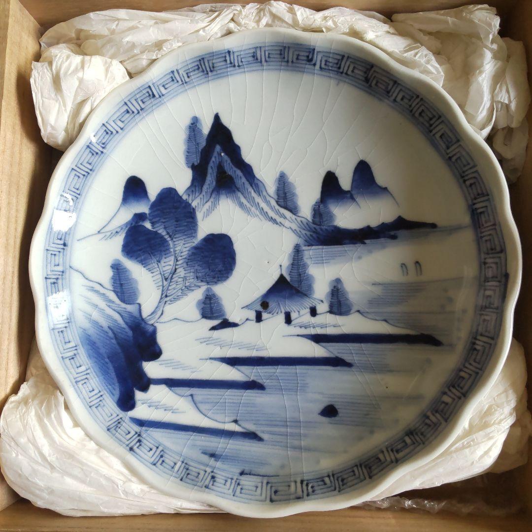 古伊万里 直径20cm 染付け山水紋 木箱付き