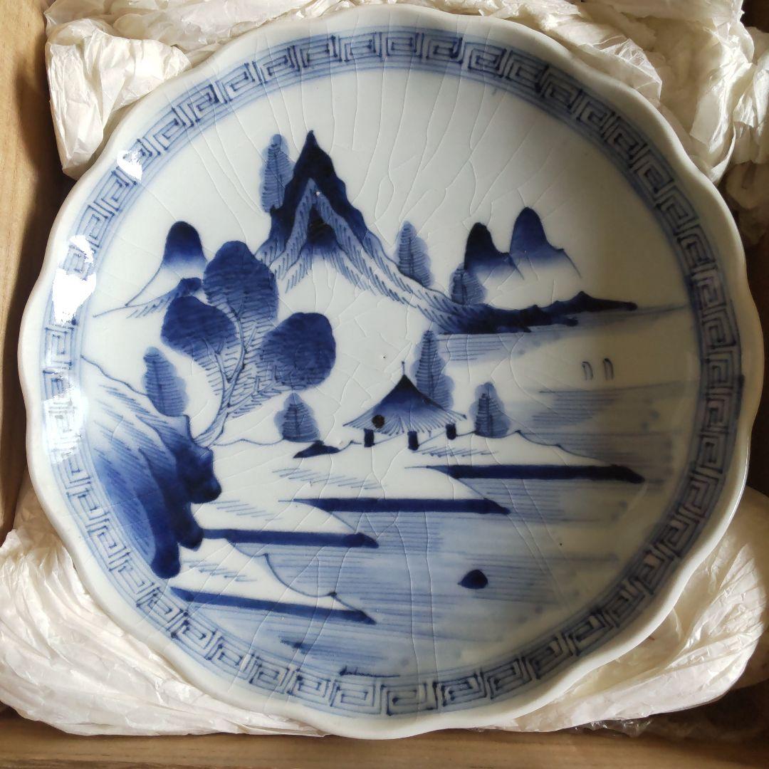 古伊万里 直径20cm 染付け山水紋 木箱付き