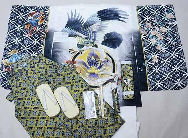 七五三 五歳 男児 羽織袴フルセット 金刺繍 白地 鷹 袴変更可 NO37745