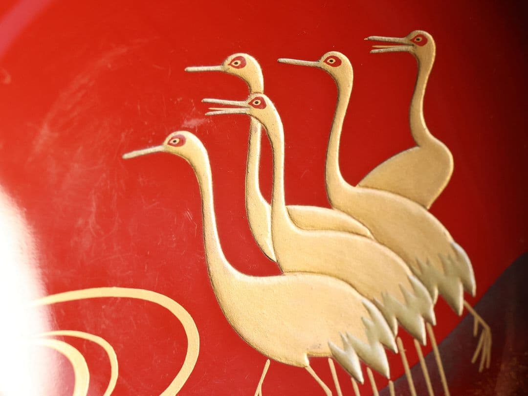 【CM373】時代木製漆器 光琳写 金蒔絵 群鶴図 朱塗 引盃 五客 小皿 杯