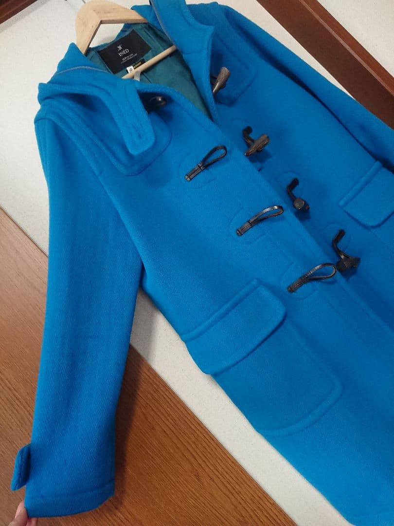 日本製　INED　ヘリンボーンダッフルコート　ブルー　青　15号XL　レディース