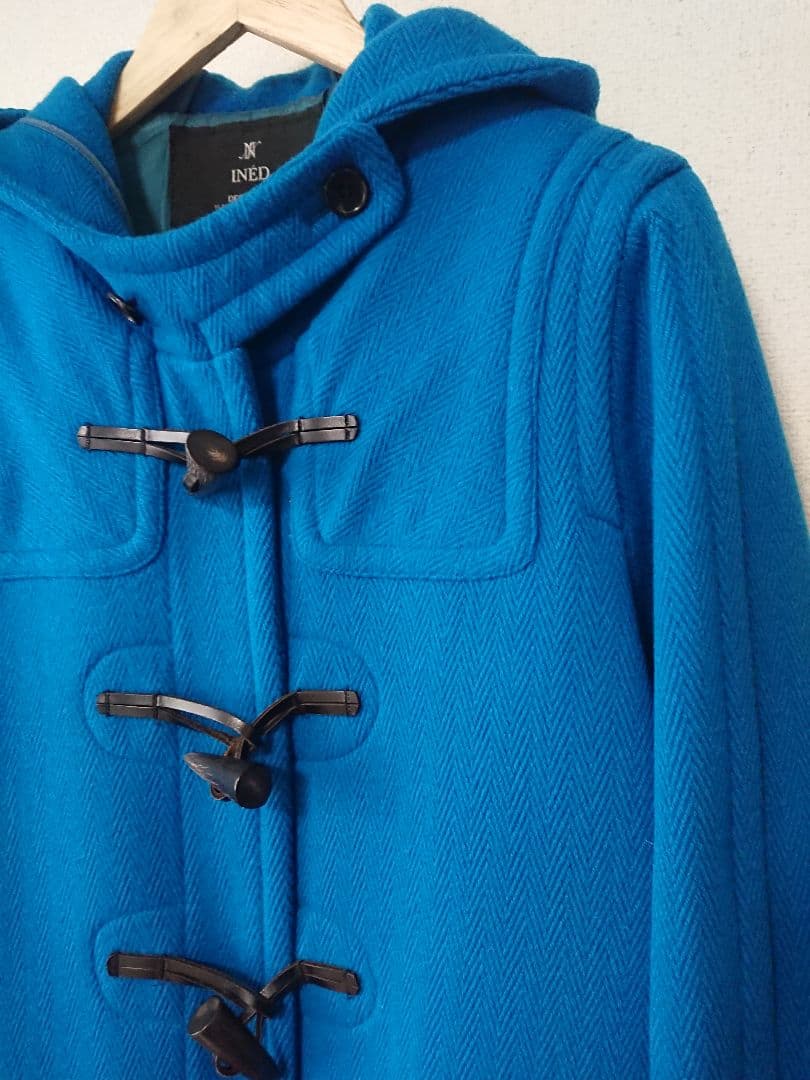 日本製　INED　ヘリンボーンダッフルコート　ブルー　青　15号XL　レディース