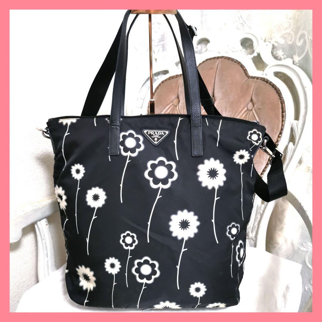 【美品】プラダPRADA サフィアーノ2way肩掛けトートバッグ黒 花柄 鑑定済
