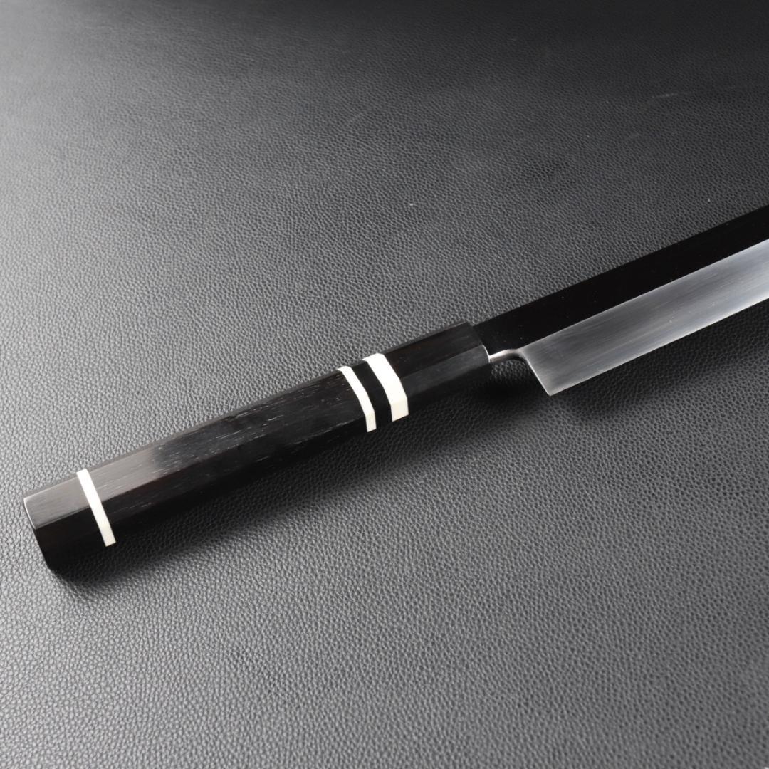 8398 柳刃包丁 尺一 鏡面仕上げ 刺身包丁 黒檀黒水牛角白三本巻八角柄