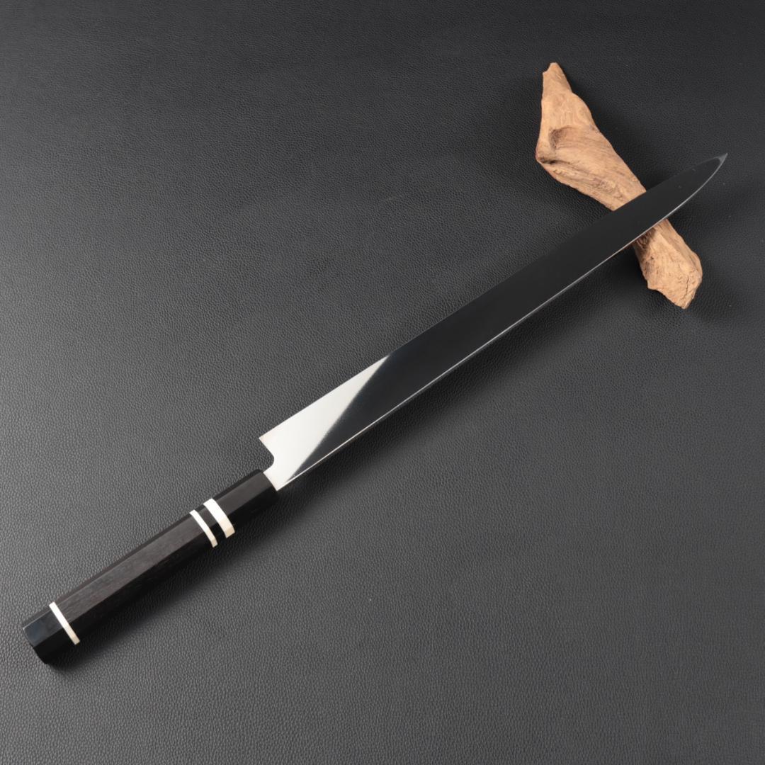 8398 柳刃包丁 尺一 鏡面仕上げ 刺身包丁 黒檀黒水牛角白三本巻八角柄