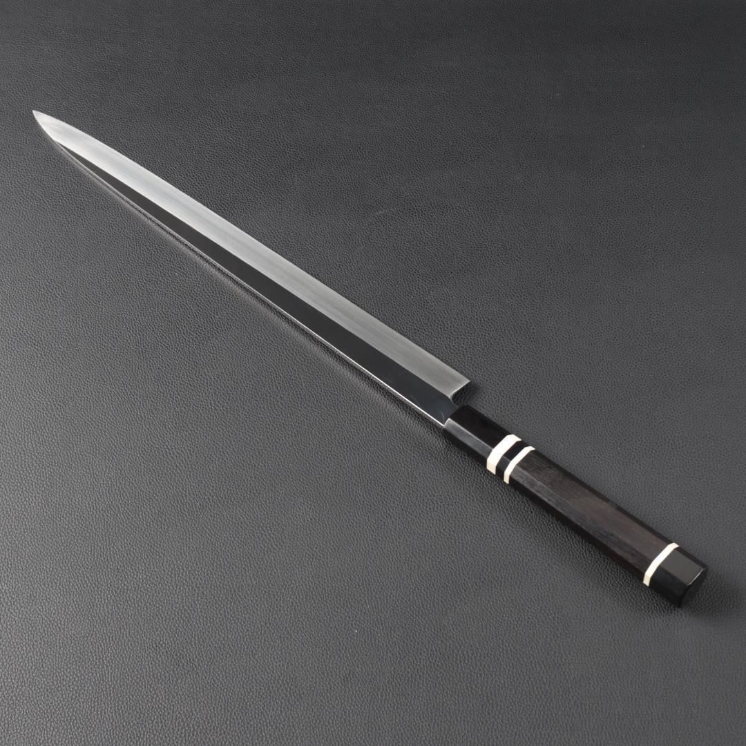8398 柳刃包丁 尺一 鏡面仕上げ 刺身包丁 黒檀黒水牛角白三本巻八角柄