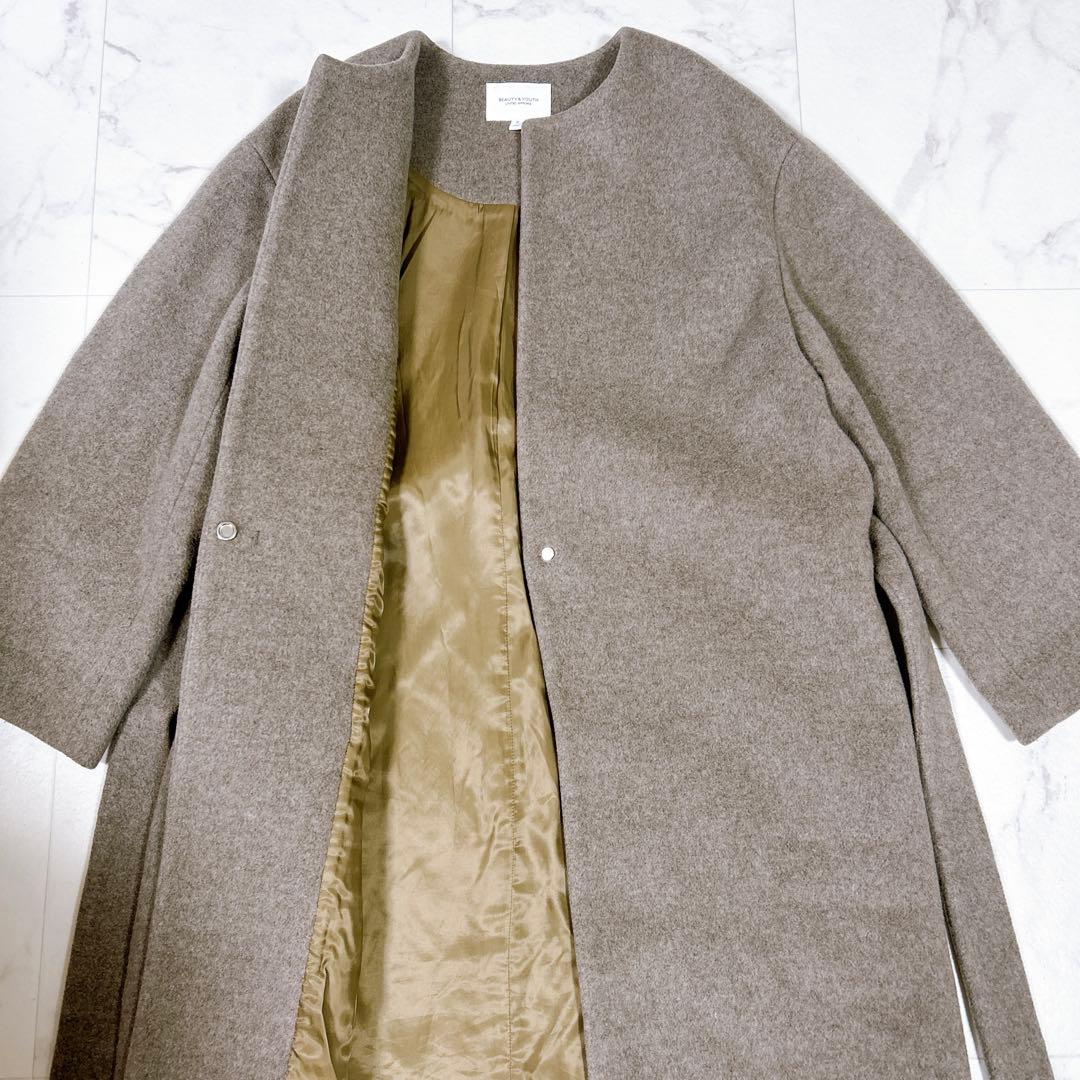 美品 Beauty&Youth ビーバーノーカラーロング コート S 20AW
