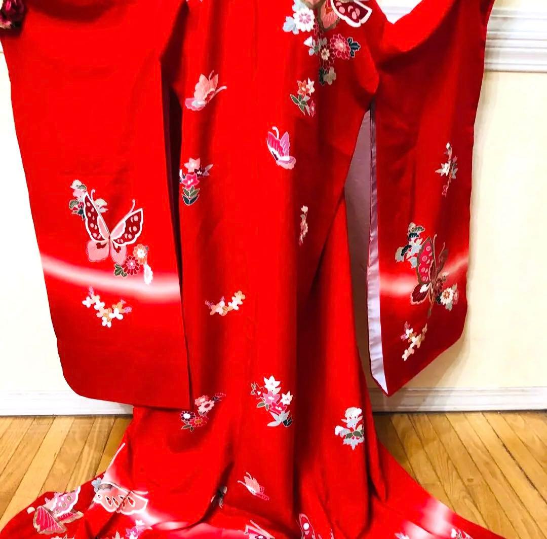 七五三 七歳‼️人気赤地に蝶々花々金彩金箔煌びやか‼️便利で人気❤️完全フルセット‼️赤