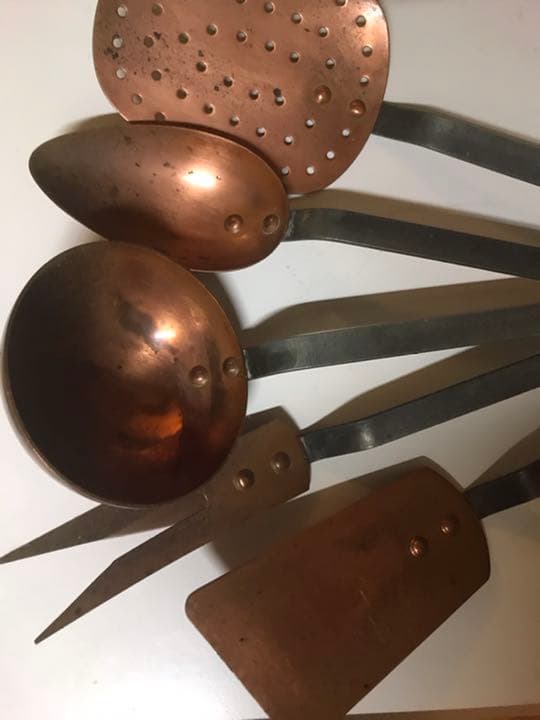 仏パリのプロ専用　銅製と鉄42cm5点組　BBQ 実用可キャンプ男の料理