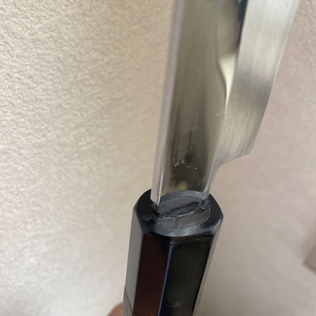 池田辰男 堺正行作 白二鋼 先丸　本焼包丁　刃渡り尺一　箱　鞘付き　波紋あり