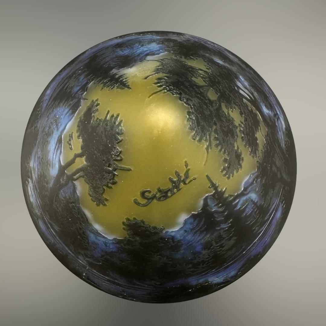 エミールガレ　 二灯ランプ 　山景紋　カメオ彫り　被せガラス　高さ24ｃｍ