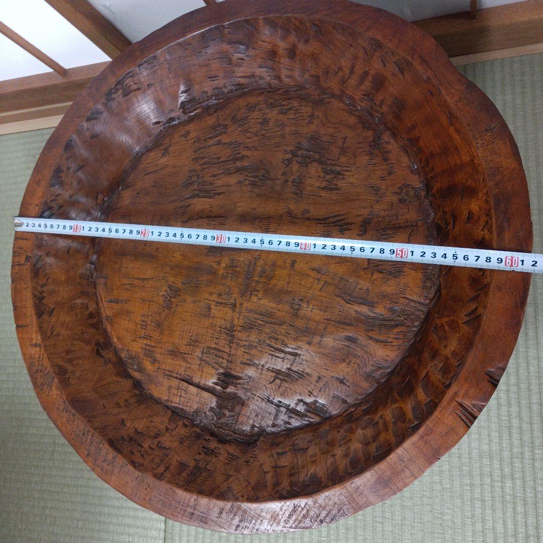 希少　古民家蔵出し品　天然木　座卓　丸テーブル　手彫り　ガラス板付き