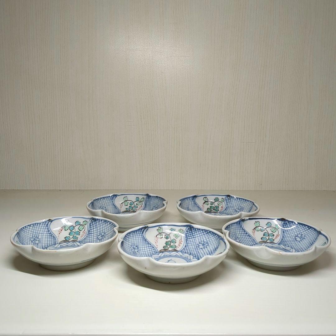 走破窯　希少　五代　佐藤走破作　染錦　花草白鷺文　花形小皿　銘々皿