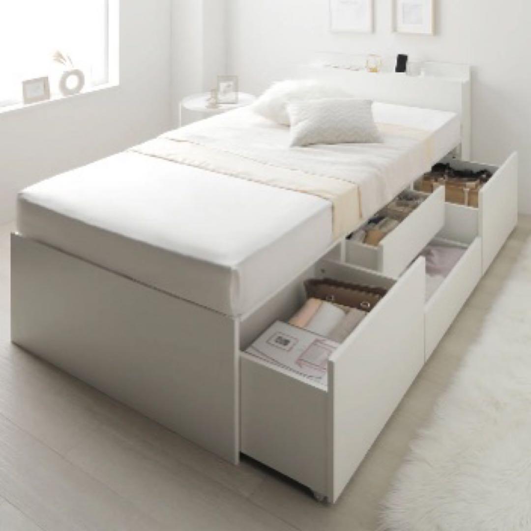 【2/22まで】【引き取り歓迎】ホワイト ベッドフレーム 大容量収納