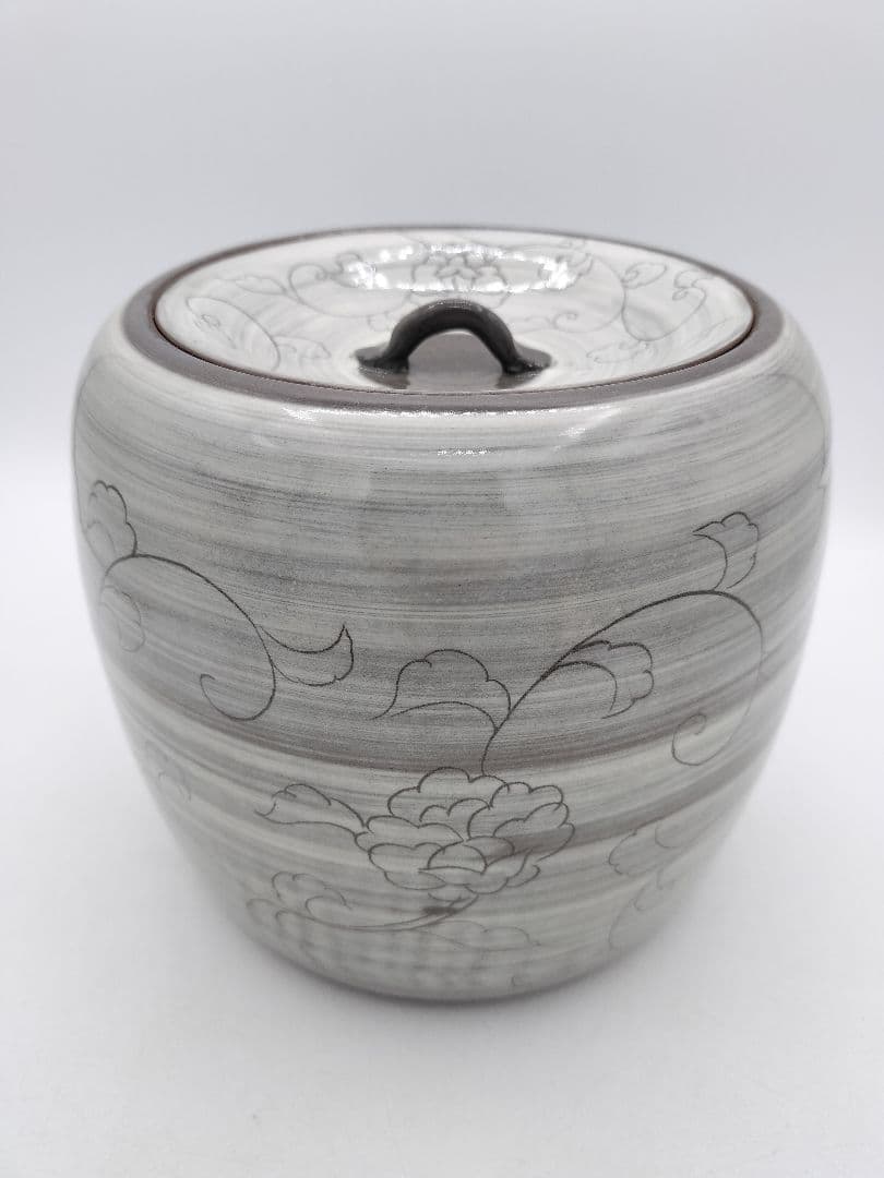 c655 水指 現川焼 唐草文様 武村利左衛門 木箱 茶道具 古物