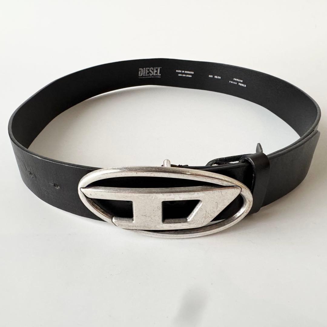 DIESEL レザー　べルト ブラック ロゴ シルバーバックル