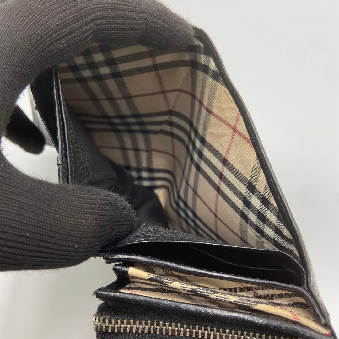 BURBERRY バーバリー　折り財布　ロゴ刻印　ノバチェック　レザー　ブラック