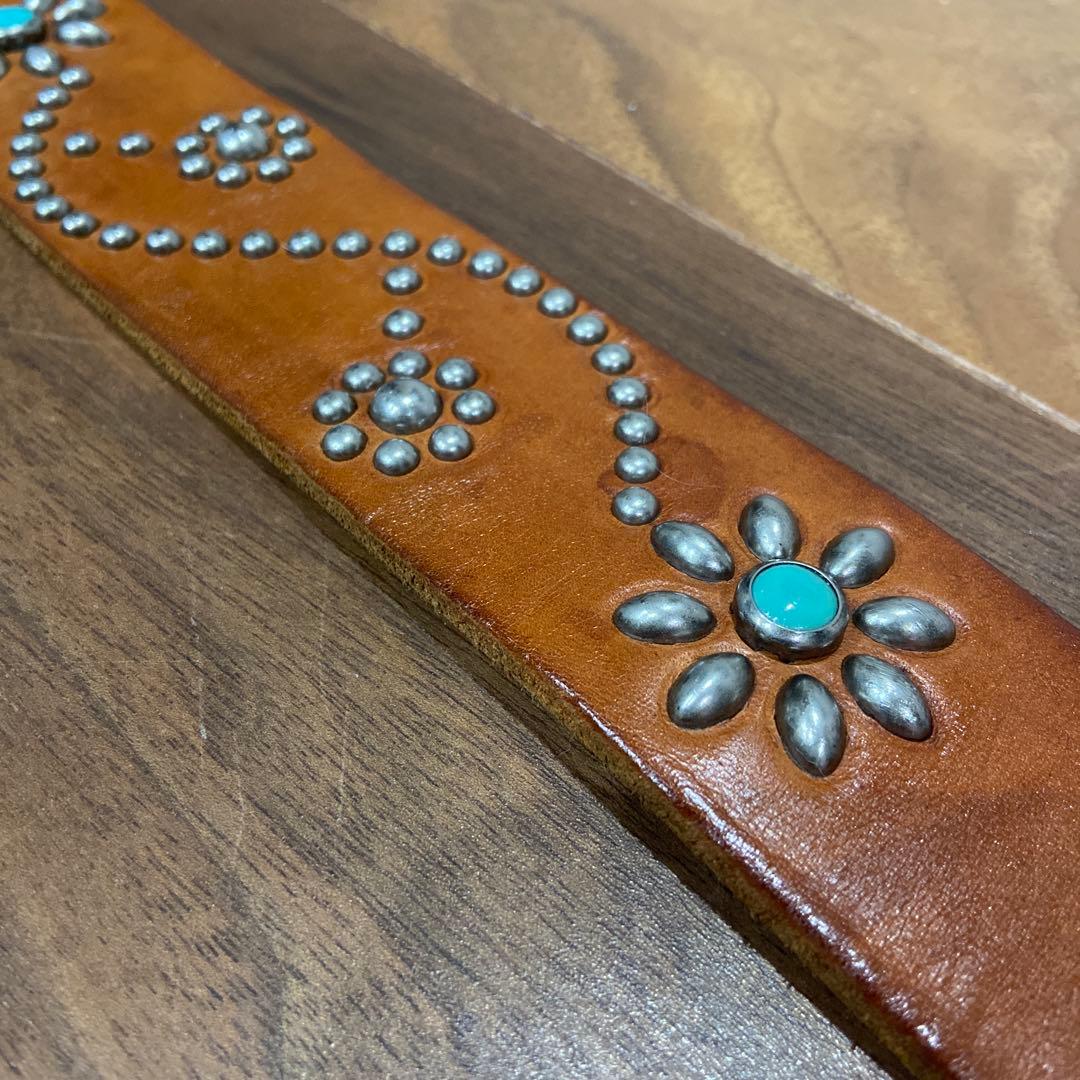 HTC フラワーターコイズ シルバースタッズ ブラウン レザー 34inch