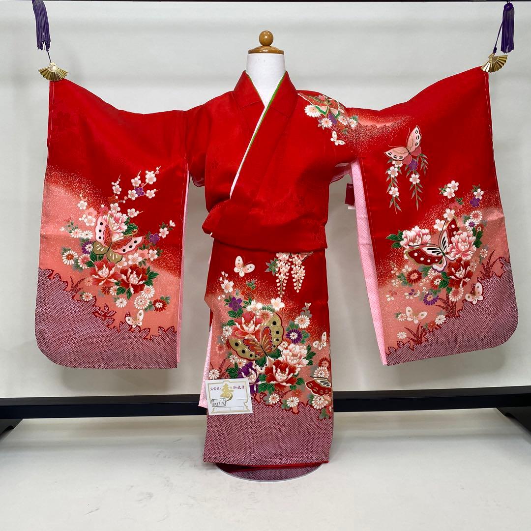 七五三　女児三つ身　3歳～5歳　赤　絞り　正絹　長襦袢付き　u-140