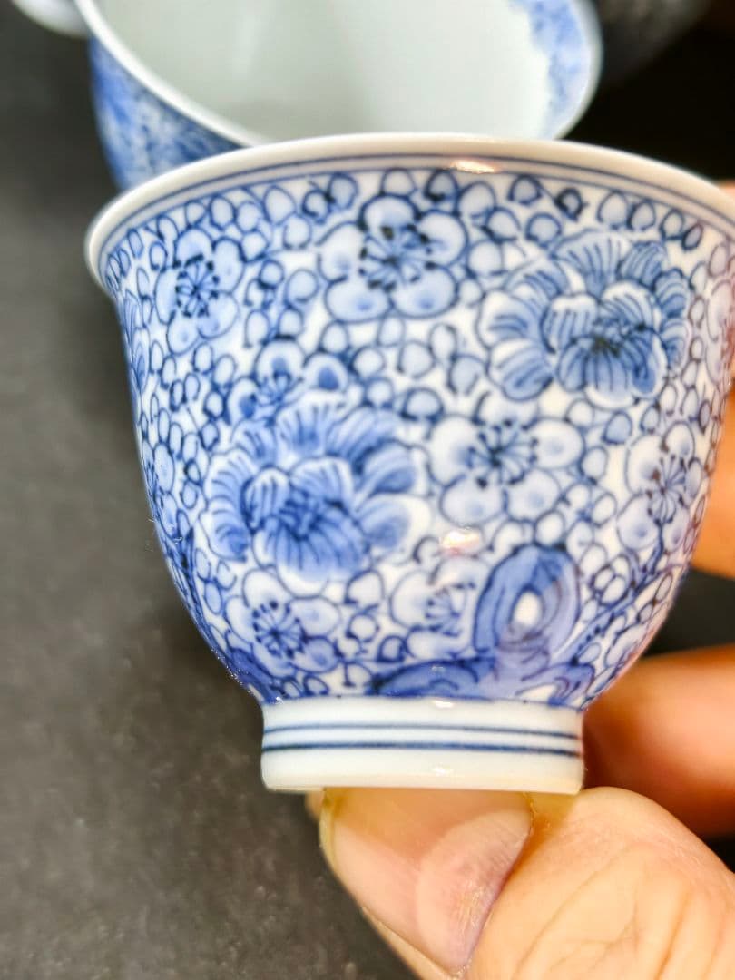 煎茶道具 京焼/清水焼 平安吉兆 染付薄手玉露茶器 手書き花文 共箱 舟型湯冷し