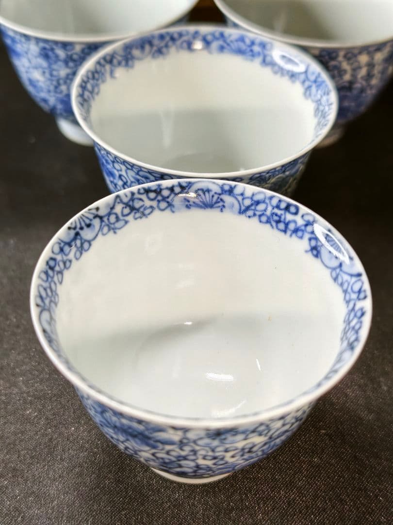 煎茶道具 京焼/清水焼 平安吉兆 染付薄手玉露茶器 手書き花文 共箱 舟型湯冷し