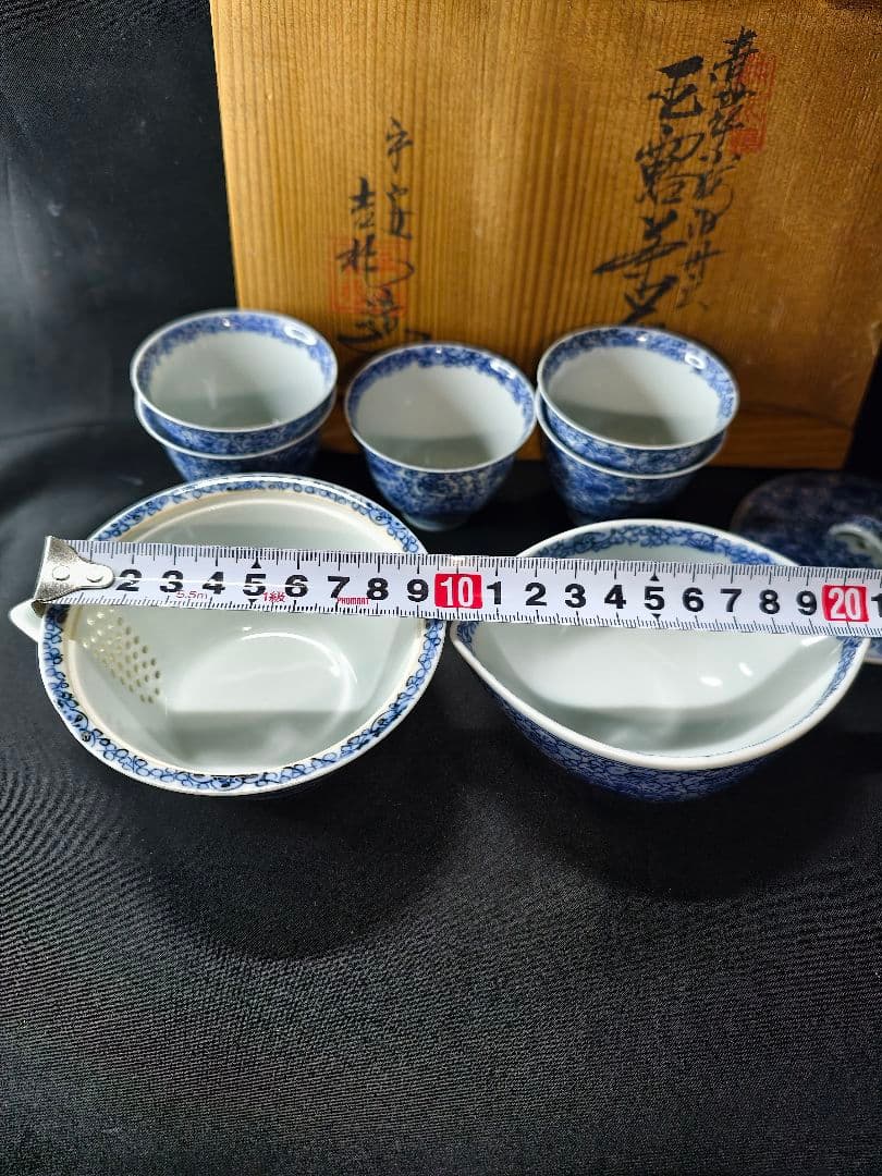 煎茶道具 京焼/清水焼 平安吉兆 染付薄手玉露茶器 手書き花文 共箱 舟型湯冷し