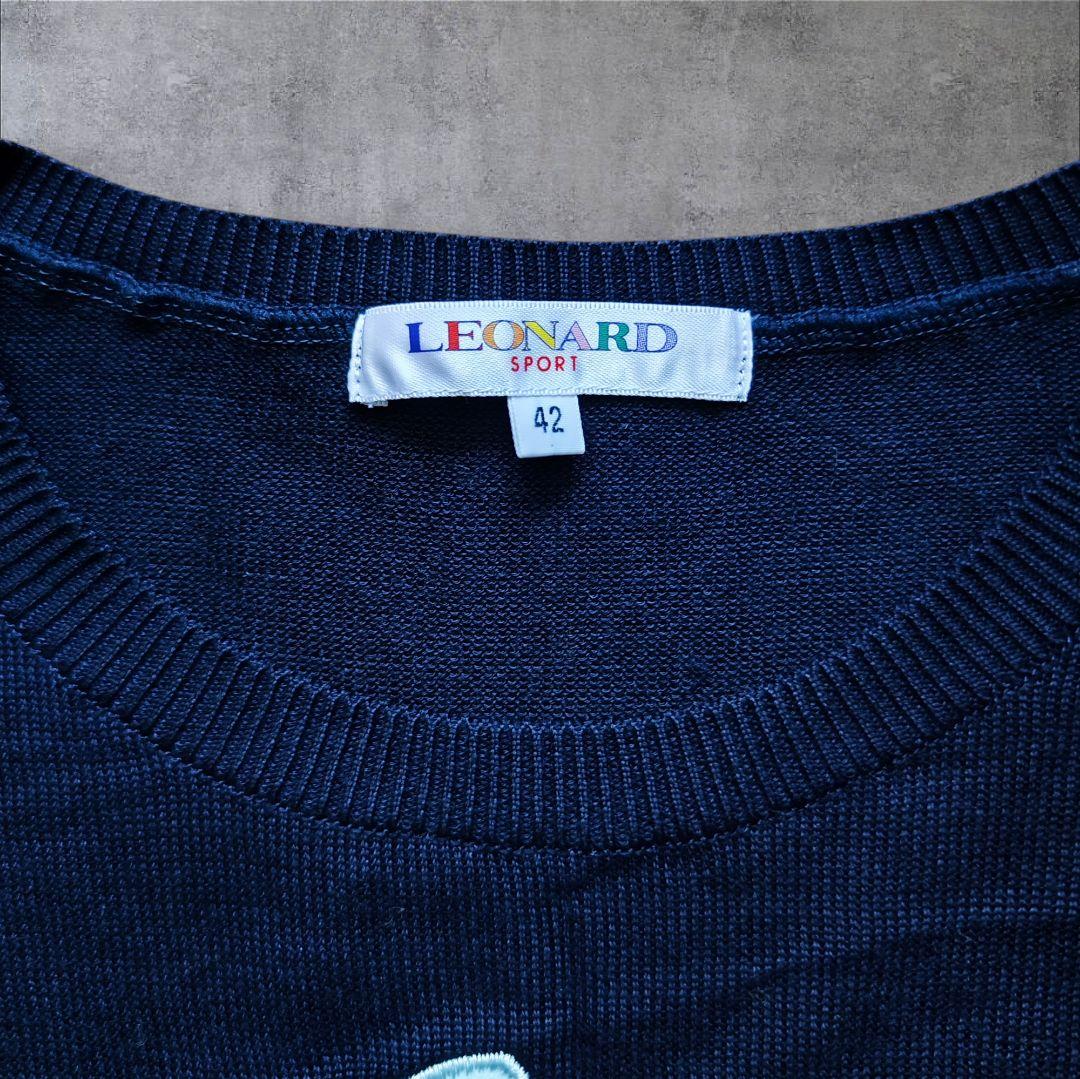 【 美品】LEONARD レオナール 花柄刺繍 薄手ニット ネイビー 42 XL
