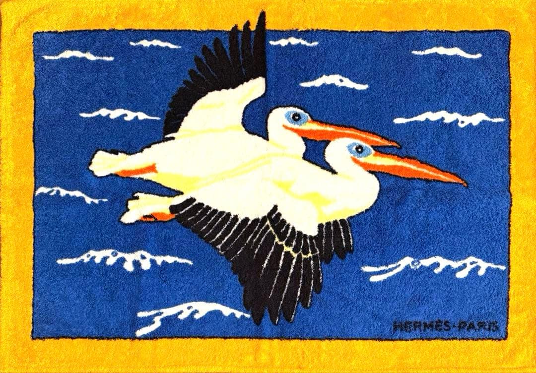 美品 可愛い エルメス ビーチタオル ラグ 玄関マット ペリカン 夏 海
