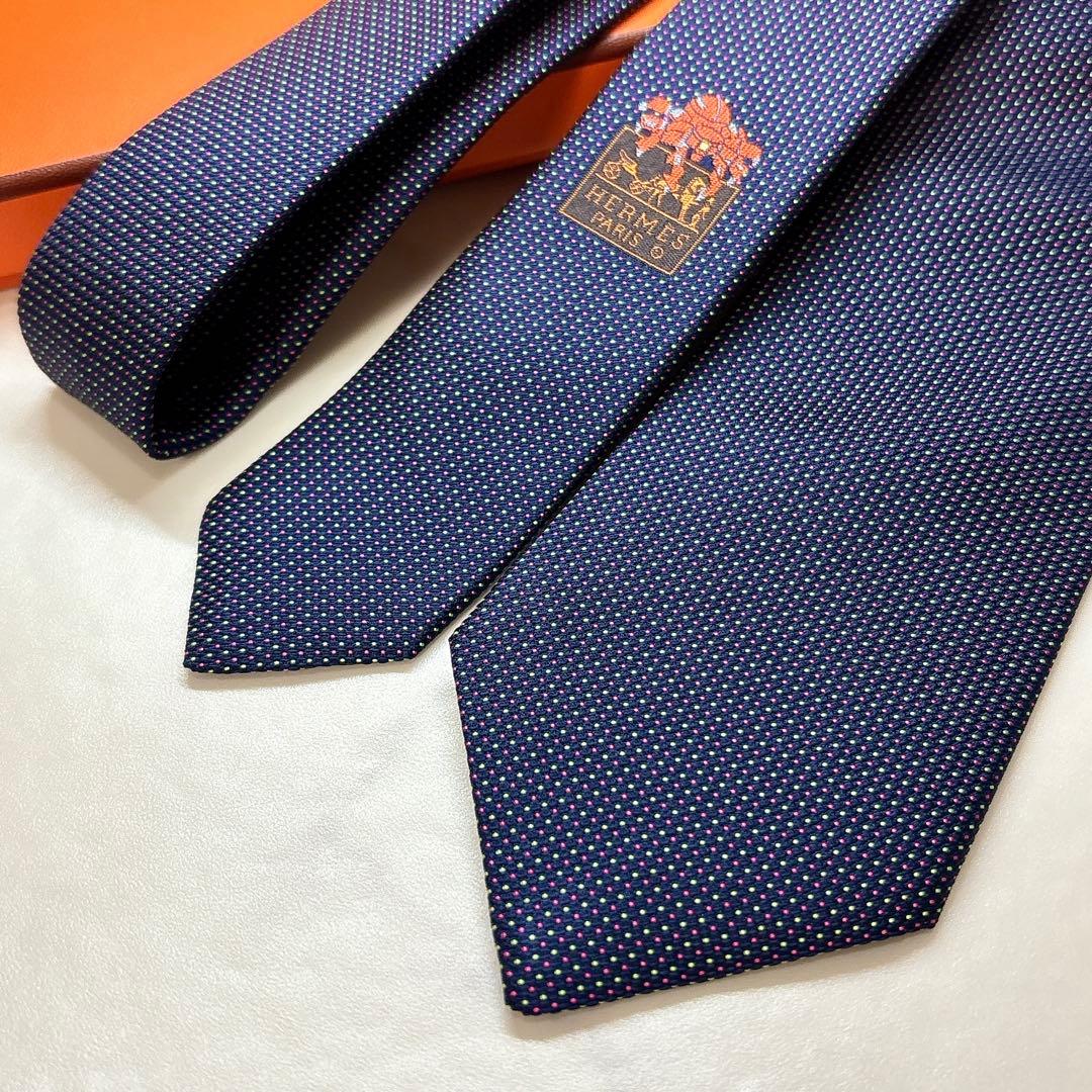 未使用 エルメス ジャガード織 ネクタイ マイクロドット ネイビー 箱付